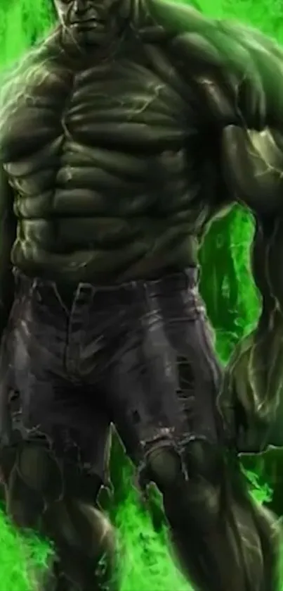 Green muscular superhero with vibrant energy aura.