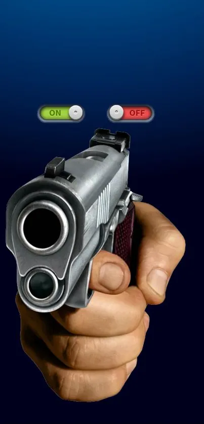 Hand holding a gun with on off switches against a deep blue background.