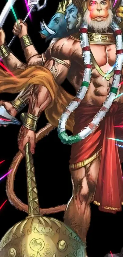 Illustration of Hanuman, wielding weapons, in vibrant colors for a mobile wallpaper.