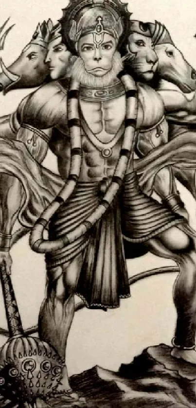 Powerful multi-armed Hanuman pencil sketch wallpaper.