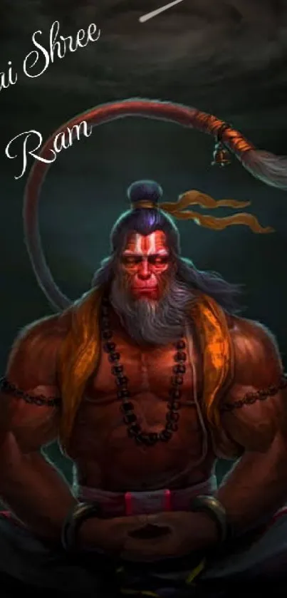 Hanuman meditative pose mobile wallpaper with dark gray tones.