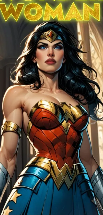 Illustration of a powerful superheroine in armor.