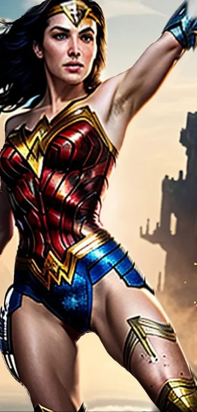 Dynamic heroine in red and blue costume against dramatic backdrop.