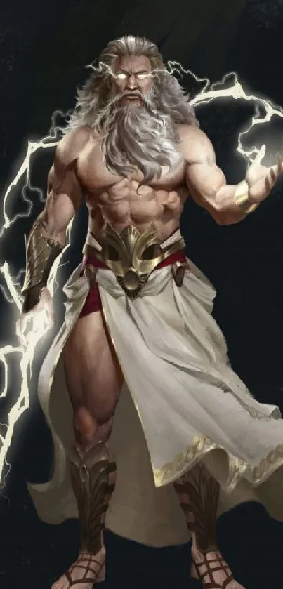 Mythical deity holding lightning bolts in artistic wallpaper design.