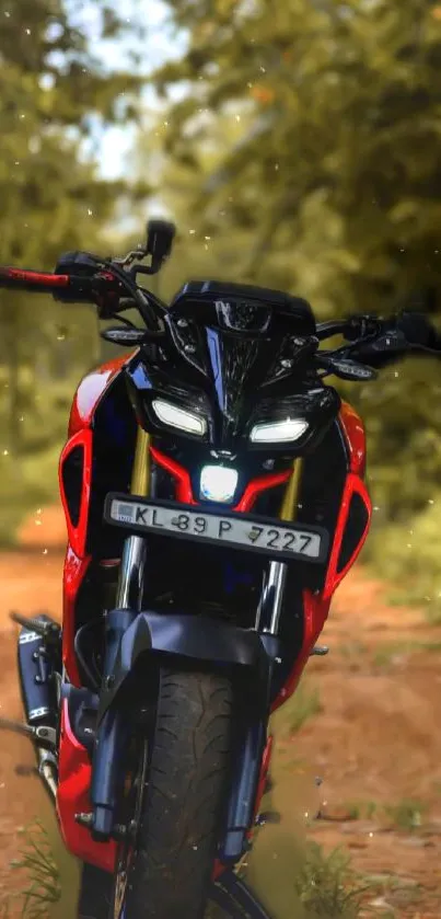 Dynamic motorcycle on a forest trail, perfect for adventure enthusiasts.