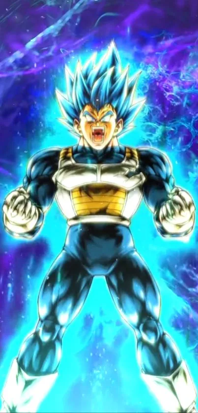 Saiyan warrior with a vibrant blue aura and dynamic pose on a vivid background.