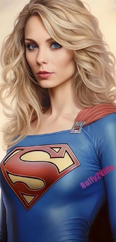 Blonde superheroine in blue costume with iconic logo.