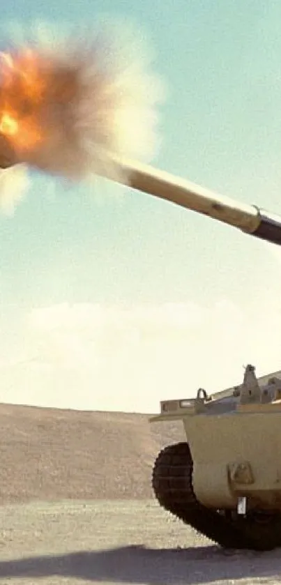 Mobile wallpaper featuring a tank firing in a desert setting with explosive action.