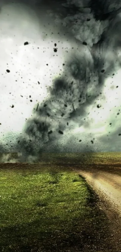 A powerful tornado under a dark, stormy sky.