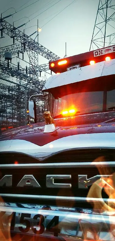 Mack truck in industrial landscape with electrical towers.