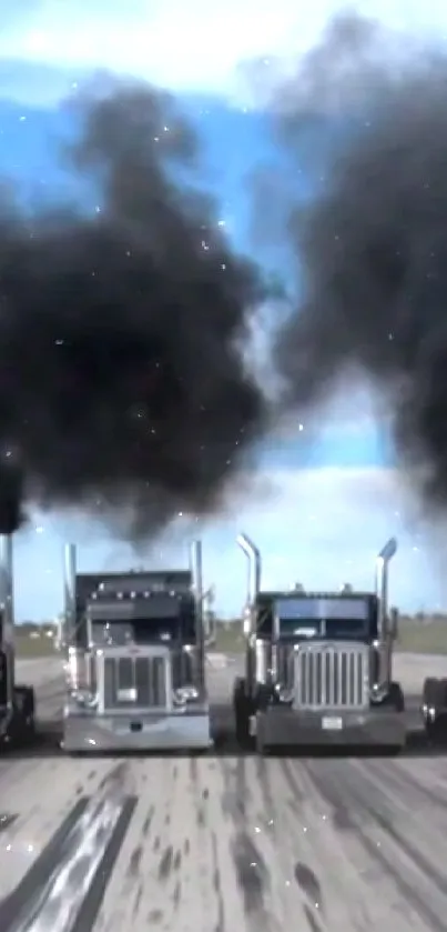 Line of trucks racing with black smoke on a clear day.