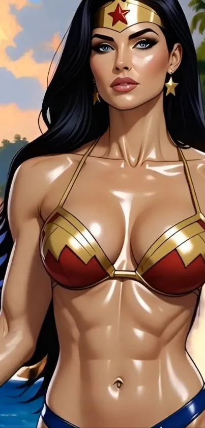 Powerful female warrior cartoon art by the sea.