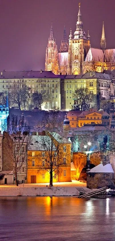 Prague Castle illuminated at night with reflections in the river.