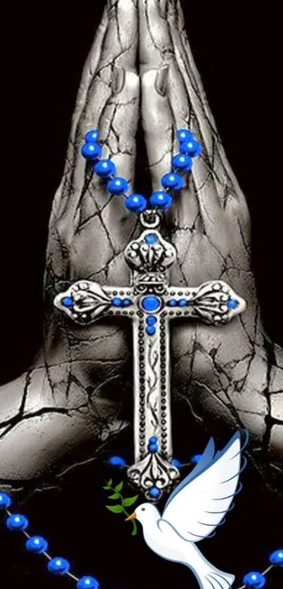 Praying hands with blue rosary and a white dove mobile wallpaper.