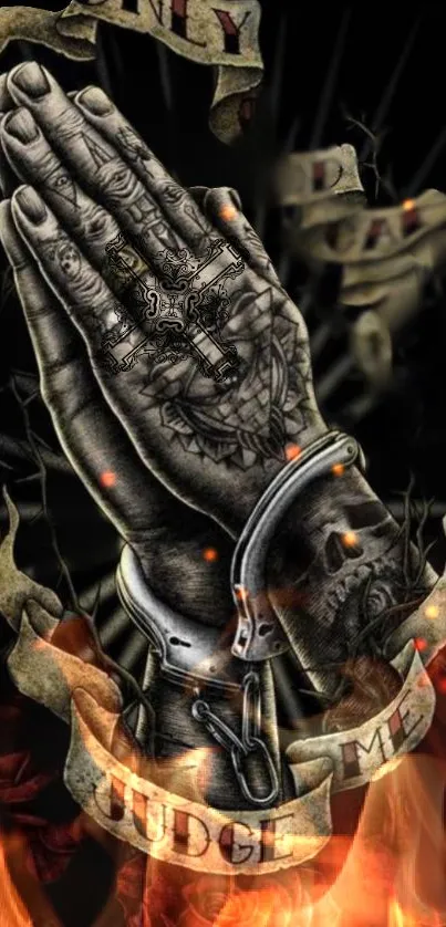 Dark art wallpaper with praying hands, tattoos, and fiery elements on dark background.