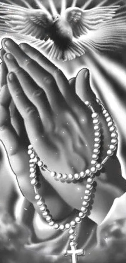 Praying hands with rosary and dove in grayscale wallpaper.