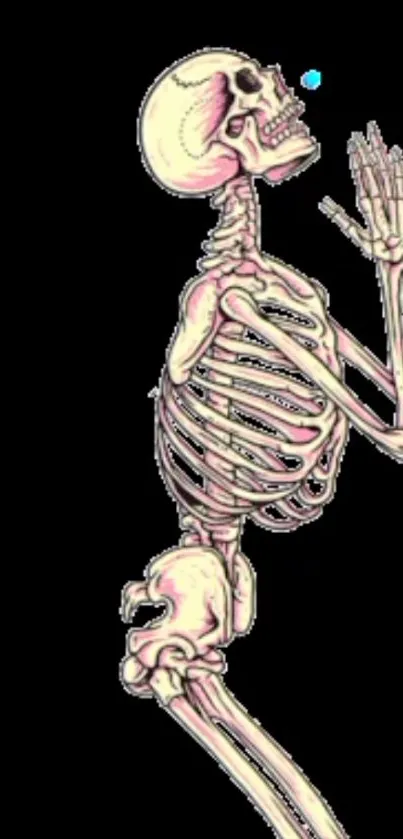 Artistic wallpaper of a praying skeleton on black background.