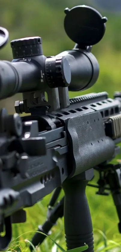 Close-up of a precision rifle in natural surroundings with a scope.