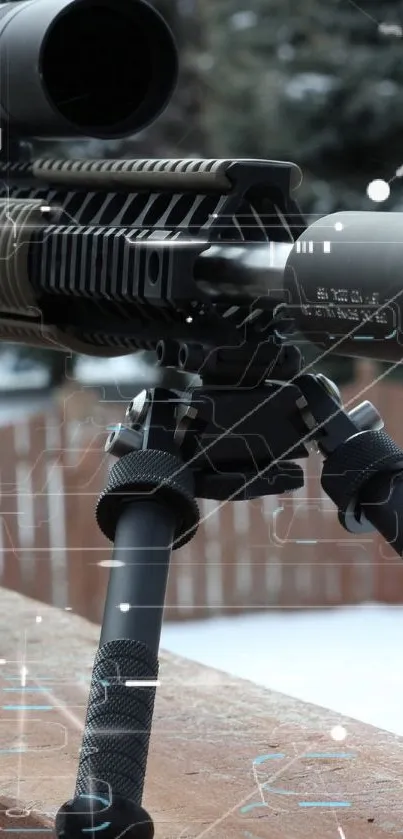 Precision rifle with scope on outdoor railing covered in snow.