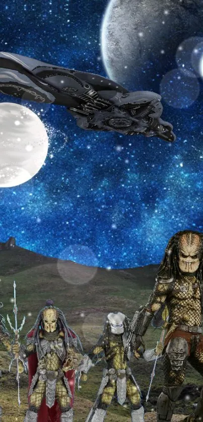 Sci-fi Predator-themed galaxy wallpaper with alien warriors.