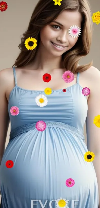 Pregnant woman with floral decoration wallpaper.