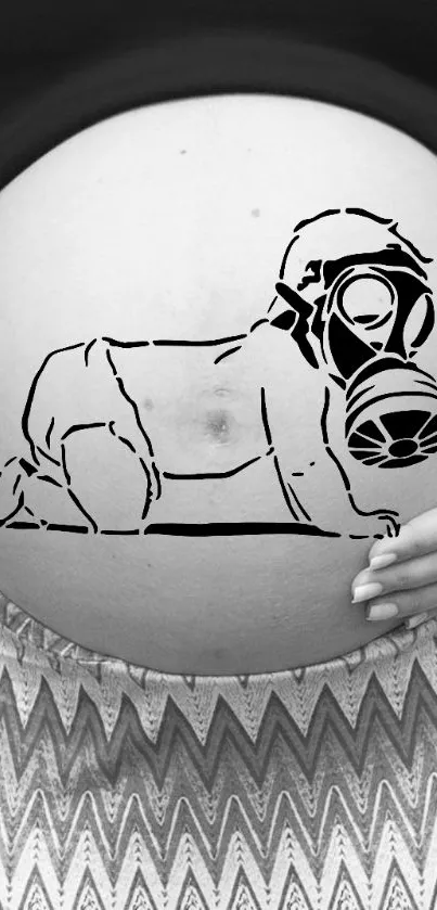 Pregnant belly with stencil artwork in black and white theme.