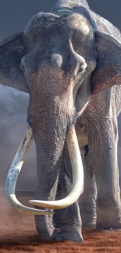 Lone traveler facing woolly mammoth on vibrant landscape with a dramatic sky.