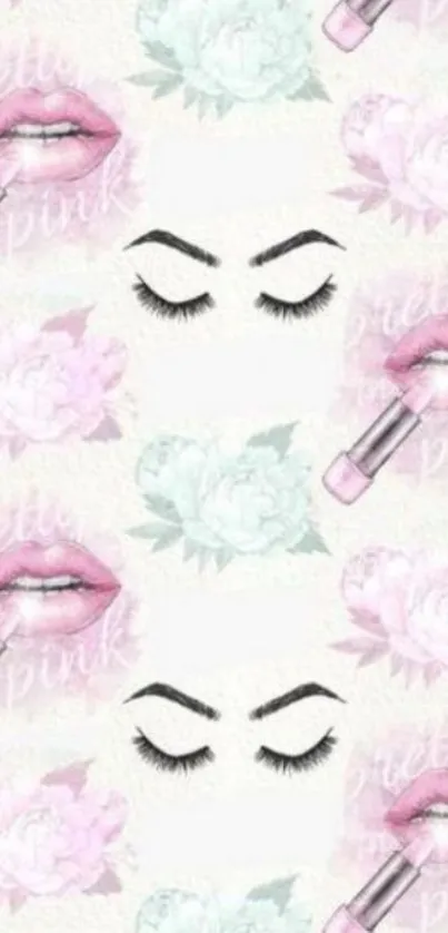 Pretty pink makeup wallpaper with lips and floral patterns.