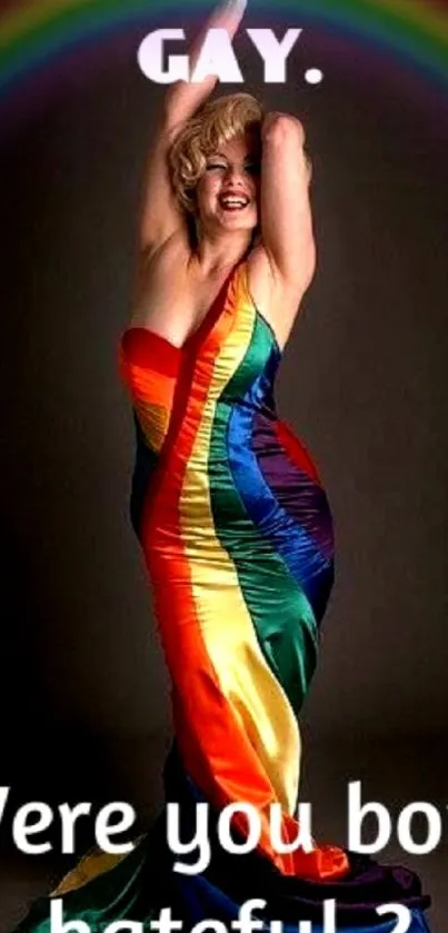 Rainbow dress art wallpaper with empowering pride message.