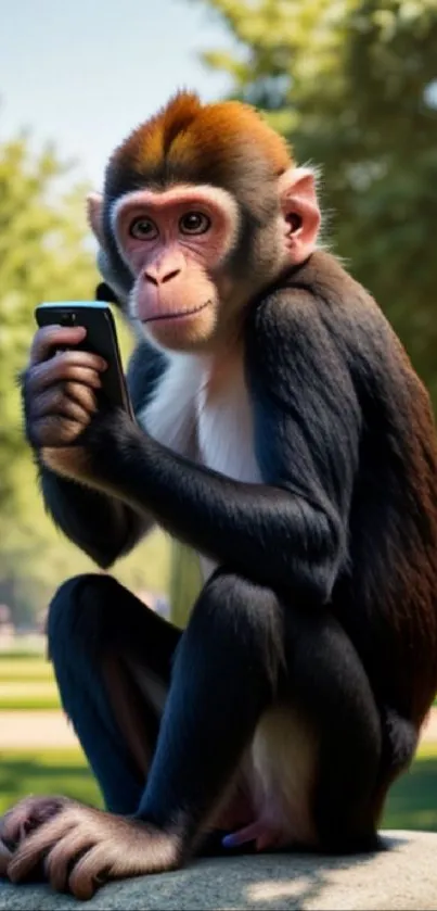 Monkey holding a smartphone in a green park setting.