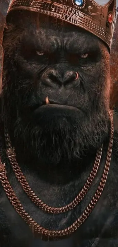 Dark gorilla wearing a crown and gold chains.