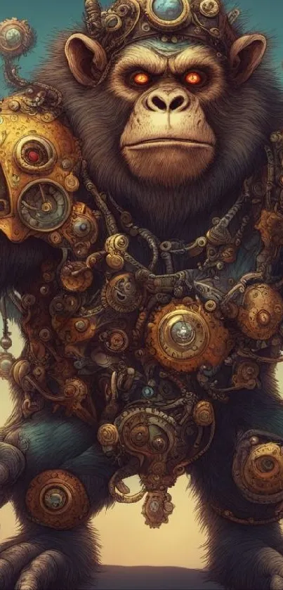 Steampunk gorilla with mechanical elements in vibrant colors.