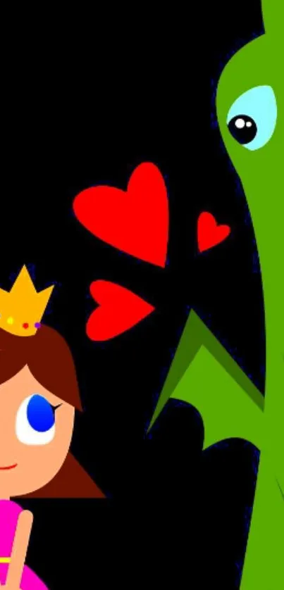 Cute princess and dragon with hearts cartoon wallpaper.