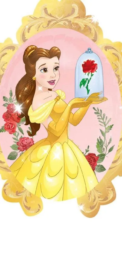 Princess in a golden dress holds a magical rose inside a beautiful frame.