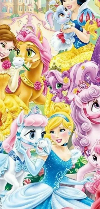 Princesses with magical pets and castle background wallpaper.