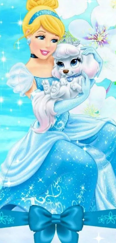 Princess holding a puppy with blue background and floral details.