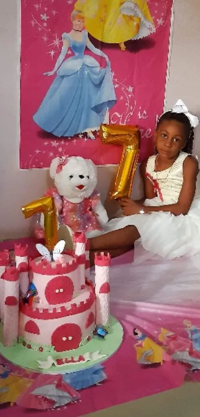 Girl at a princess-themed birthday party with cake and decorations.