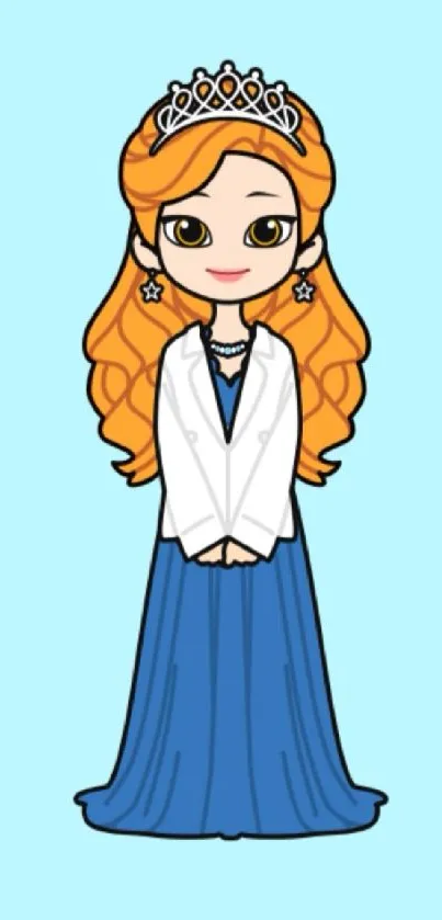 Cartoon princess wearing a blue gown with orange hair.