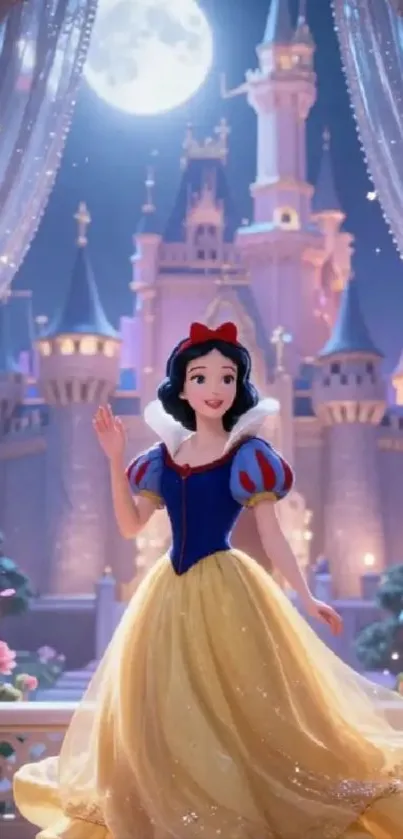 Fairytale princess in front of moonlit castle, magical scene.