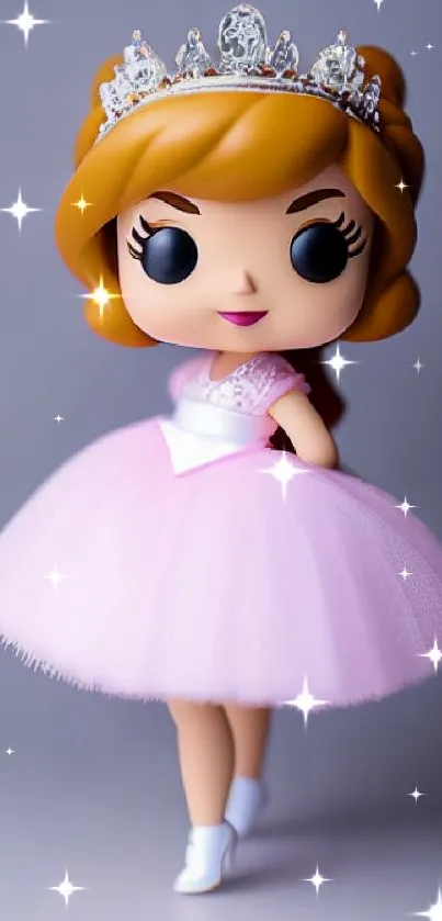 Princess doll in pink dress with crown on grey background.