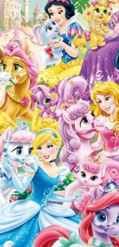 Colorful princesses with animals mobile wallpaper.