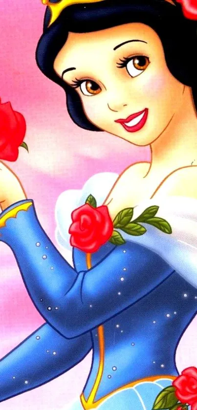 Princess holding roses with a blue gown and pink background.