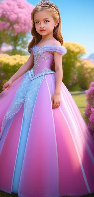 Young princess in pink gown in a blooming garden, perfect as a fairy tale wallpaper.