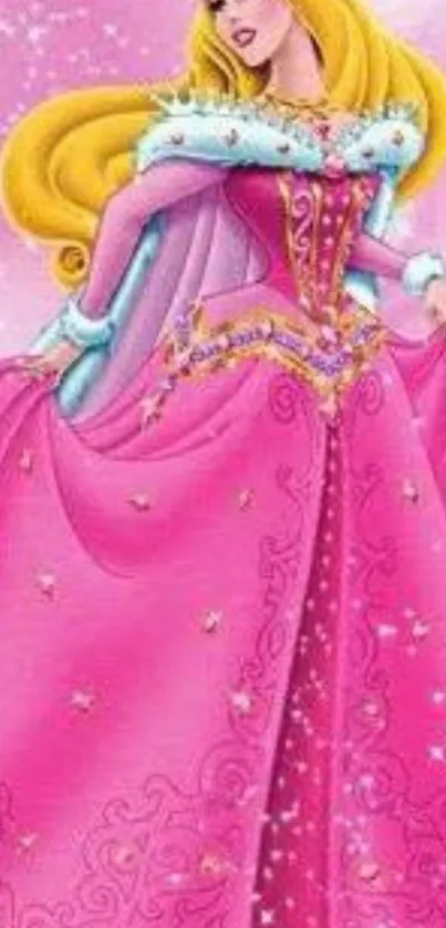 Princess in a pink gown with intricate details on a magical background.