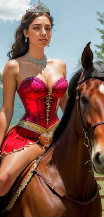 Princess in red riding a horse with castle backdrop.