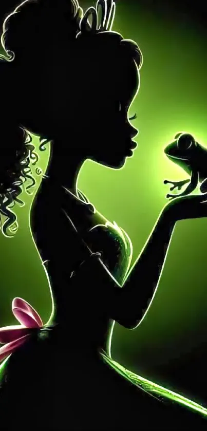 Silhouette of princess with frog on glowing green background.