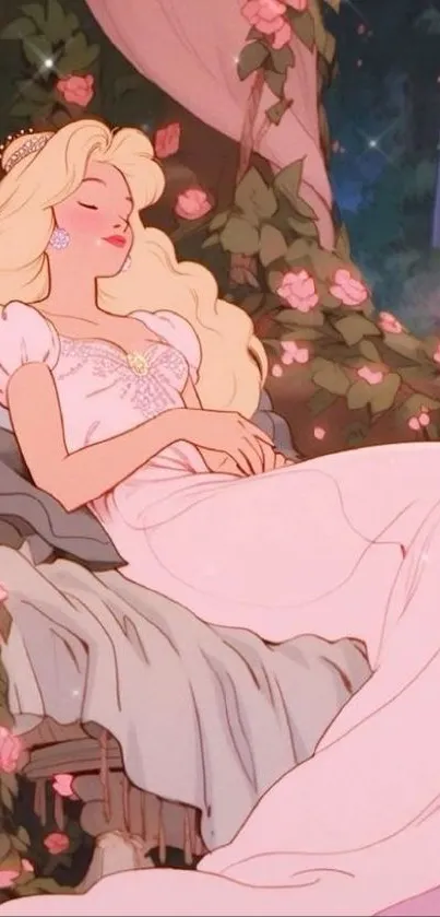 Princess resting peacefully in a flower-filled garden.