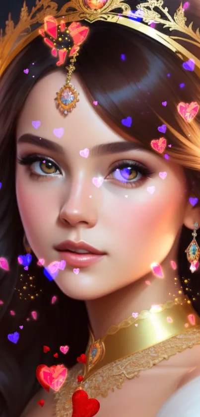 Digital princess with glowing hearts, vibrant colors, and elegant design for mobile screen.