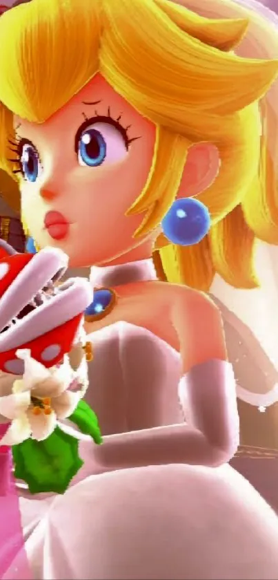 Princess in white dress holding Piranha Plant bouquet.