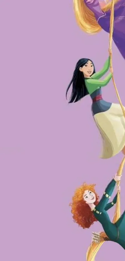 Princesses climbing rope on lavender background mobile wallpaper.